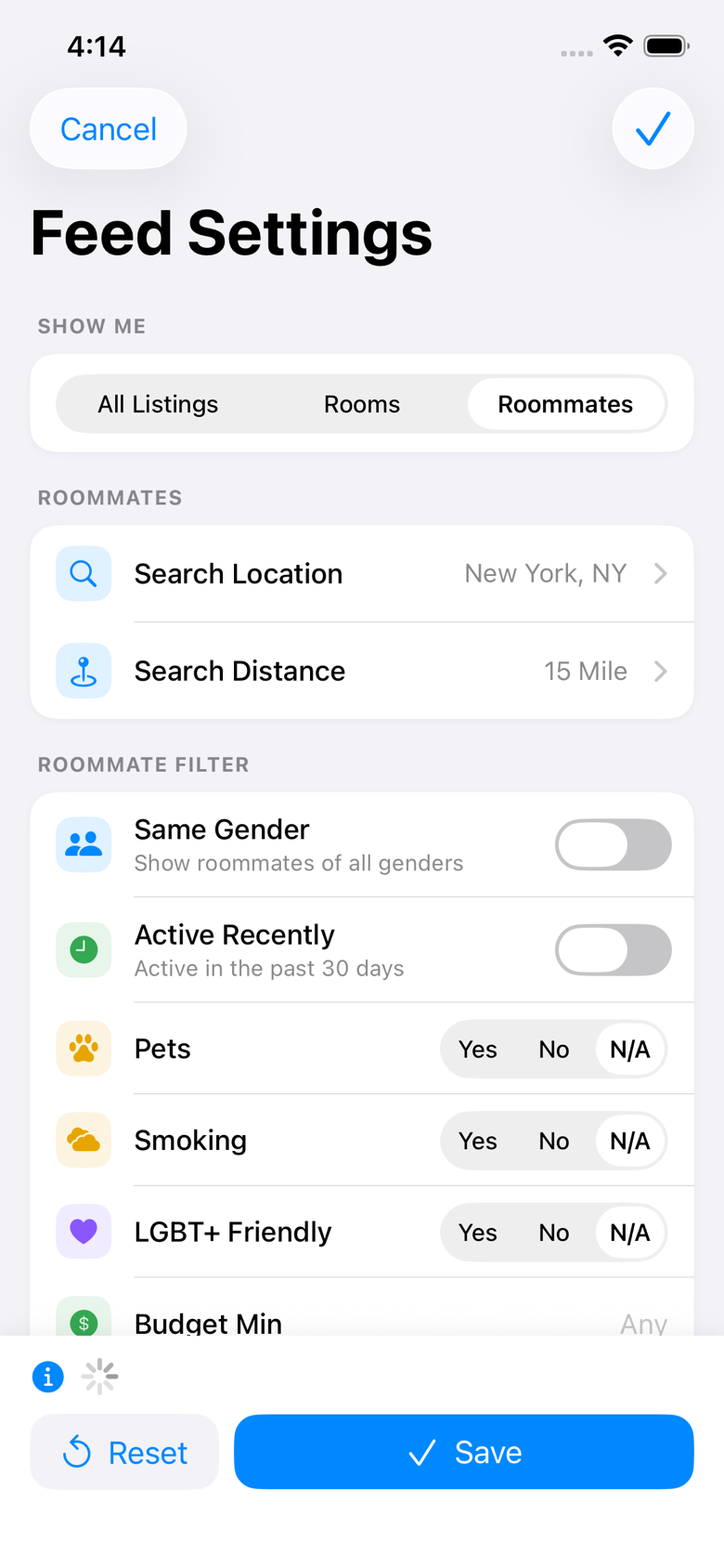 The Feed Settings screen. Under a Show Me selector set to Roommates, a Search Location row reads "New York, NY" and a Search Distance row reads "15 Mile", above the rest of the filters and a Save button