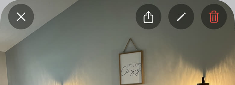 The row of buttons across the top of your own listing, over the listing photo: a close X on the left, then share, a pencil, and a red trash can